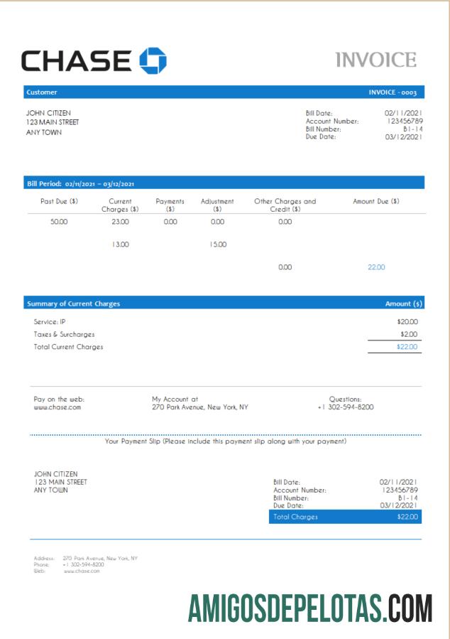 Fatura do Chase nos EUA amostra